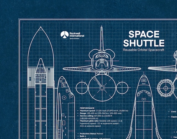 スペースシャトルの設計図ポスター：NASAの宇宙船アート、航空宇宙