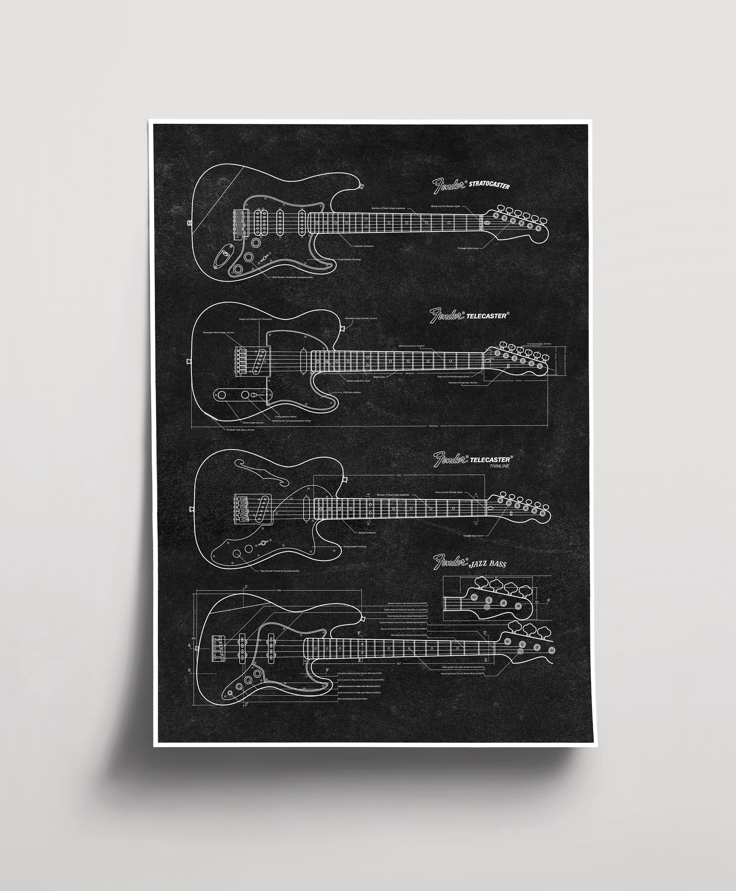 Fender Guitars, Blueprint Poster, Fender Stratocaster