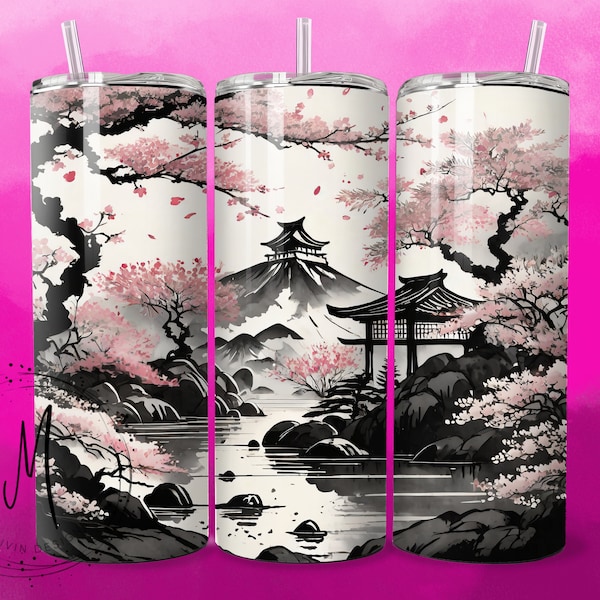 Cherry Blossoms - Japanese Ink Style - 20oz Tumbler Wrap PNG Digital File For Sublimation