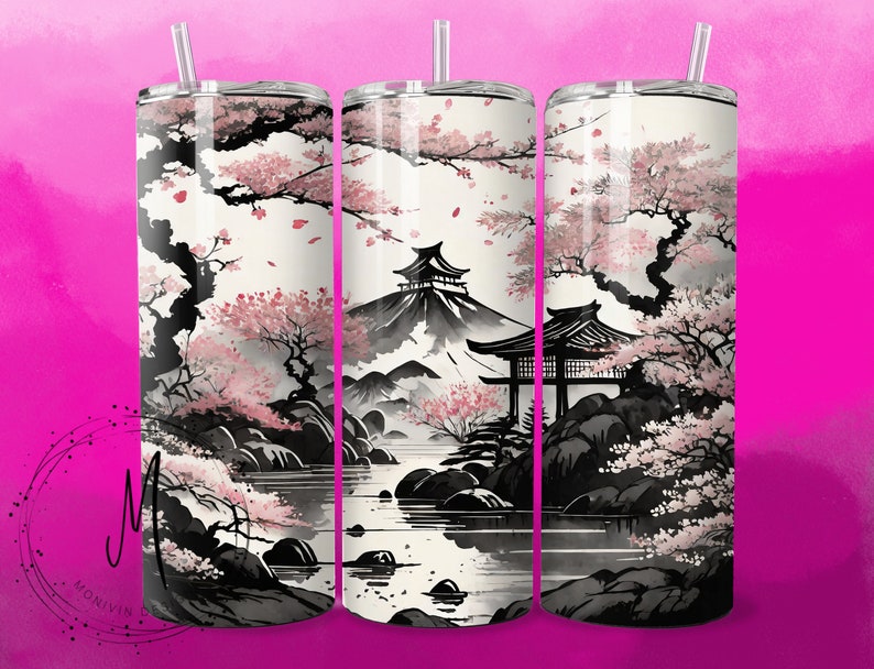 Cherry Blossoms Japanese Ink Style 20oz Tumbler Wrap PNG Digital File For Sublimation image 1