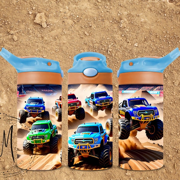 Off-Road Aces: Monster Trucks Defy Earth's Gravitational Pull - 12oz Kid's Straight Sippy Cup Wrap PNG Digital File For Sublimation