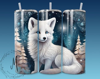 Seamless - Celestial Serenity: An Animal's Dream - Snowy White Arctic Fox - 20oz Tumbler Wrap PNG Digital File For Sublimation