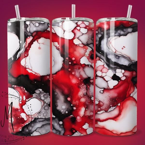 Seamless Red, Black & White - Team Spirit with Vibrant Game Day Colors - Alcohol Ink - 20oz Tumbler Wrap PNG Digital File For Sublimation