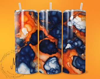 Seamless Navy Blue & Orange - Team Spirit with Vibrant Game Day Colors - Alcohol Ink - 20oz Tumbler Wrap PNG Digital File For Sublimation