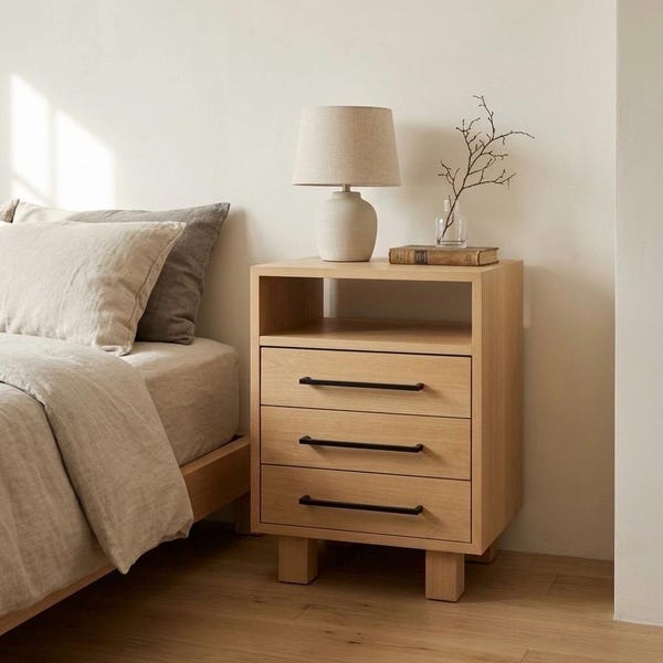 Mesita de noche Aven – Mesita de noche de madera maciza con cajones, mesa de noche Japandi, borde en cascada, cierre suave, muebles de madera modernos