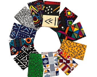 May include: A collection of 12 fabric swatches featuring colorful geometric patterns and designs. The swatches are arranged in a circle on a white background.