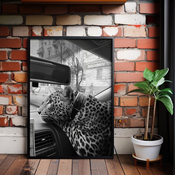 Panther in the Car Print, Cheetah Poster, Black and White Wall Art, Vintage Photography, Fashion Print, 1950s, Home Decor