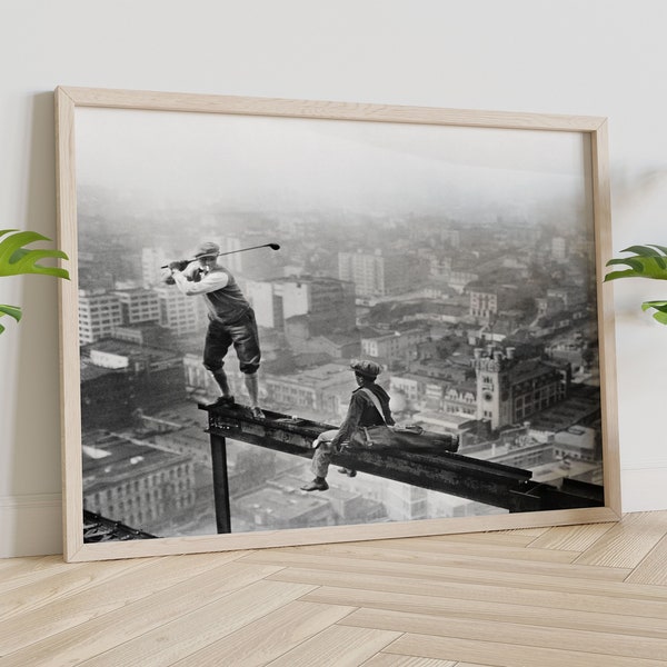 Golf op wolkenkrabber Beam Golf kunst aan de muur, zwart-wit kunst, vintage kunst aan de muur, grappige kunst aan de muur, oude golf foto, canvas klaar om op te hangen