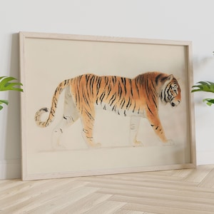 Tiger Wall Art, Vintage Wall Art, Vintage Tiger Print, Muted Neutral Colors, Pacing Tiger Art, Canvas Ready To Hang, Animals Poster Abstract