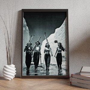 Vintage Girls Ski Poster, Black and White, Women Skiers, Antique Photo, Ski Lodge Decor, Printable Wall Art, Retro Prints