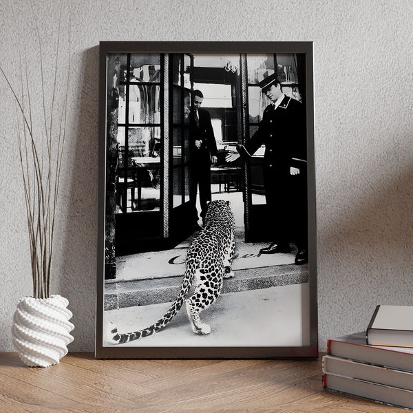 Retro Vintage Panther in Restaurant Print - Old Fashion Photography Canvas Wall Art Decor - Black and White Framed Trendy Leopard Jaguar