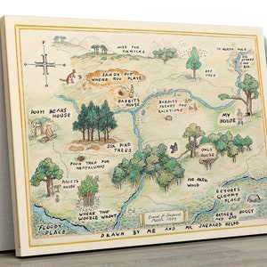 Winnie the Pooh Canvas Hanging Map  100 Acre Wood Map  Kids Room Wall Decor, Canvas Ready to Hang, Framed Canvas