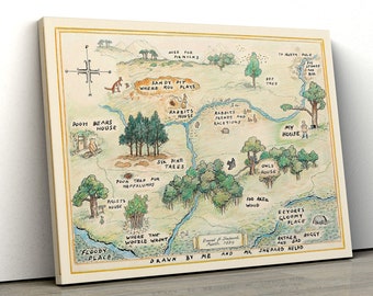 Winnie the Pooh Canvas Hanging Map  100 Acre Wood Map  Kids Room Wall Decor, Canvas Ready to Hang, Framed Canvas