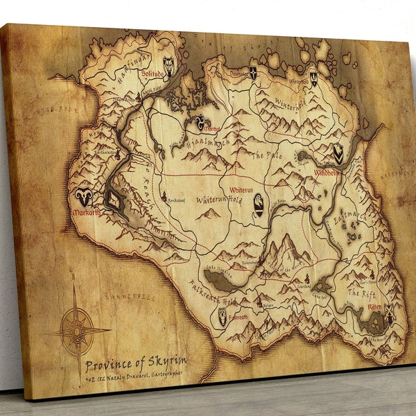 Skyrim Map Print, The Elder Scrolls Map, Map of Tamriel Canvas, Province Of Skyrim Poster, Game Art Map, Game Poster Gift, Vintage Wall Art
