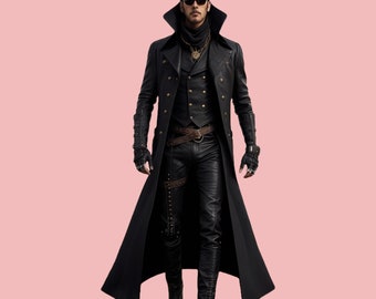 Echtes Leder Gothic Mantel,handgefertigter Leder Trenchcoat,Schwarzes Leder Langer Steampunk Mantel,Geschenk für Ihn