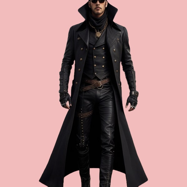 Gothic-Mantel aus echtem Leder, handgefertigter Leder-Trenchcoat, langer Steampunk-Mantel aus schwarzem Leder, Geschenk für Ihn