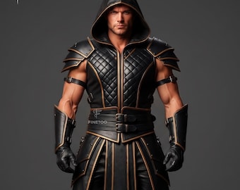 Men's Black Gothic Leather Hooded Armor Cosplay Halloween Costume