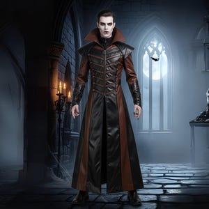 Genuine Leather Dracula Costume Coat, Handmade Mens Leather Vampire Trench Coat, Halloween Warrior Mens Gothic Overcoat, Leather Long Coat