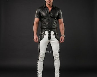 Men's Black White Leather Pants, Gothic Lace-Up Biker Trousers, Skinny Fit Clubwear Fashion