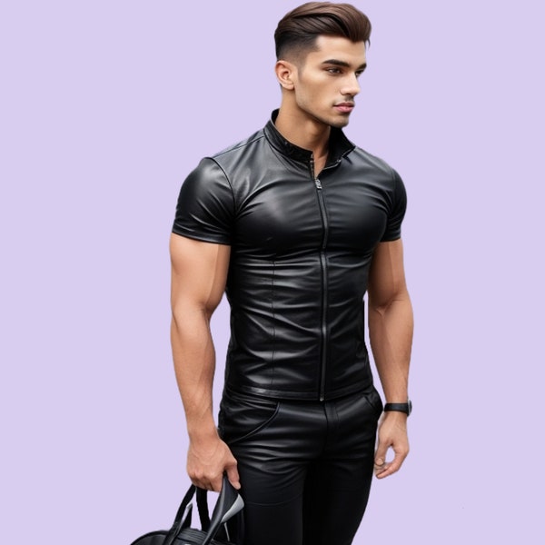 Chemise homme en cuir de mouton faite main, t-shirt noir en cuir véritable pour homme, chemise slim fit, cadeau pour lui