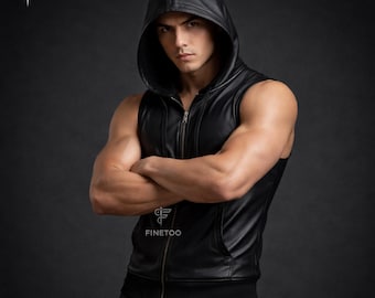 Handmade Black Leather Hooded Vest: Sleeveless Steampunk Hoodie