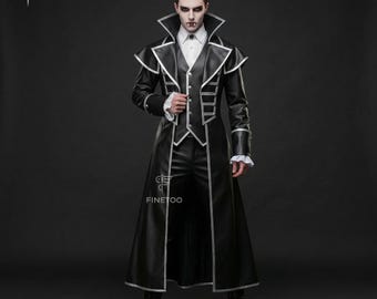 Genuine Black Leather Gothic Coat: Silver Piping, Vampire Cosplay