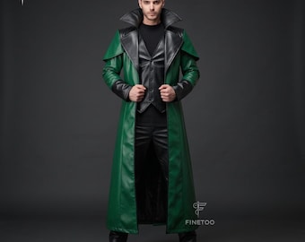 Mens Emerald Green Leather Vampire Coat: Gothic Dark Fantasy Outfit