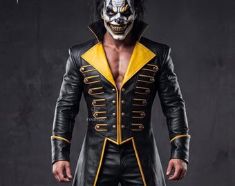 Men’s Black Yellow Leather Coat and Pant Set, Gothic Clown Costume, Halloween Cosplay Outfit