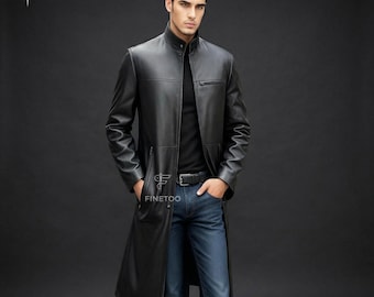 Genuine Leather Men's Long Coat: Handmade Black Trench Coat