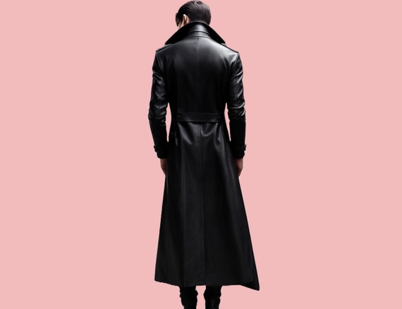 Handmade Genuine Leather Gothic Trench Coat: Long Black Steampunk