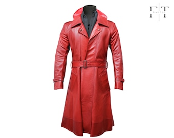 Men&#39;s Handmade Cow Leather Trench Coat - Genuine Red Leather Overcoat - Long Winter Coat - Gift for Him