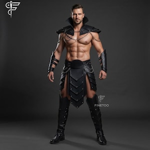 May include: A black leather-style gladiator costume featuring a high-collared shoulder piece connected by silver chains, matching arm bracers, a layered tasset skirt with silver studs, and knee-high greaves. The set includes the Finetoo logo.