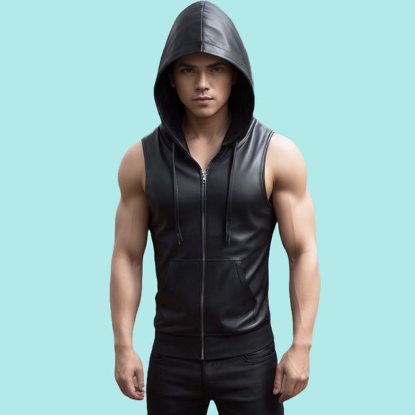 Genuine Leather Hooded Sleeveless Vest,Handmade Black Sheep Leather vest,Front Zipper Hood vest,Steampunk Leather Hoodie