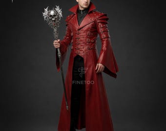 Gothic Red Leather Trench Coat: Handmade Warrior Vampire Fashion