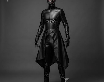 Mens Genuine Leather Demonic Cat Costume: Gothic High-Low Coat & Skinny Pants