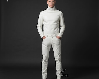Genuine Leather Slim Fit Pant & Shirt: Handmade White Leather Biker Outfit