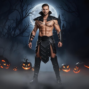May include: A man in a black leather costume with a spiked collar, shoulder armor, and knee-high boots stands in front of a full moon. Lit jack-o'-lanterns and a spooky castle complete the Halloween scene.
