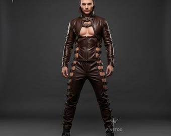 Mens Genuine Leather Gothic Suit: Edgy Buckle Jacket & Pants