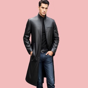 Genuine Leather Men Long Coat,Handmade Leather Men Black Coat,Leather Trench Coat,Black Winter Long Coat,Gift For Him