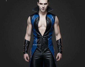 Mens Gothic Fashion Vampire Coat: Handmade Black Leather Halloween Costume Coat