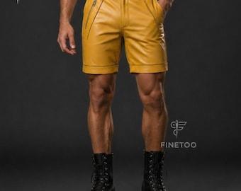 Handmade Yellow Leather Biker Shorts: Slim Fit Streetwear