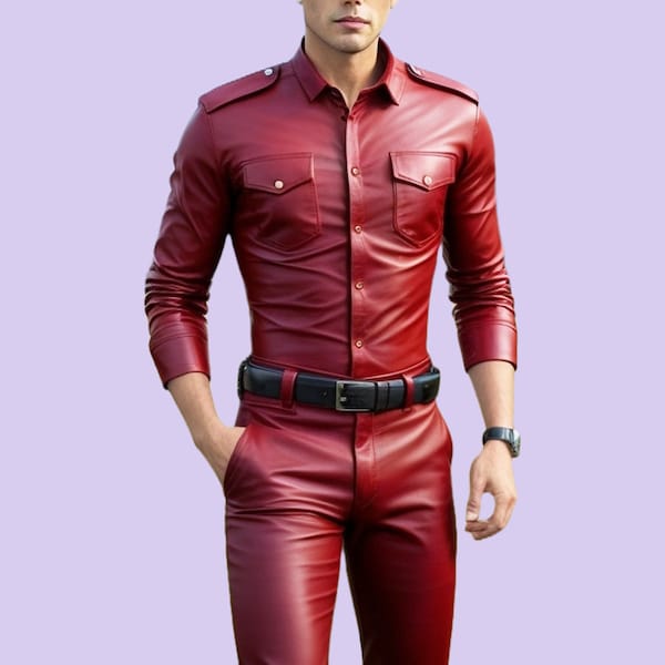 Chemise homme en cuir souple faite main, chemise de police en cuir rouge véritable, chemise homme en cuir, chemise homme slim, cadeau pour lui