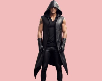 Handmade Leather Men Hooded Long Coat,Genuine Leather Black Steampunk Coat,Black Leather Sleeveless Hooded Coat,Gift For Men