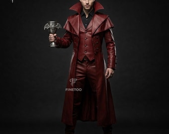 Gothic Vampire Lord Costume: Genuine Red Leather Coat, Vest & Pants