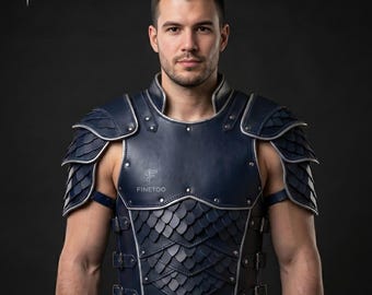 Men's Navy Blue Leather Armor Vest, Gothic Fantasy Biker Costume Shoulder Armor