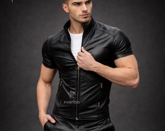Handmade Slimfit Genuine Leather Shirt: Black Biker Tee