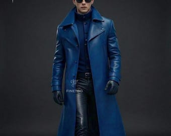 【00s archive】Blue Leather Long Coat Y2K Vintage Y2K Faux Leather Trench Coat – Navy Blue, Custom Fit - Etsy