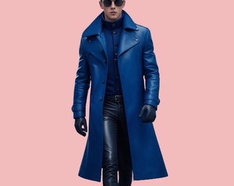 Genuine Leather Men Long Coat,Handmade Cow Leather Blue long Coat,Leather Winter Coat,Gift For Him