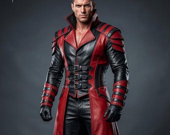 Peut inclure: Un long manteau présentant un coloris noir et rouge avec un col haut, des panneaux d'épaules structurés et trois sangles horizontales à boucles sur la section médiane. Les manches incluent des poignets à boucles assortis et des gants noirs.