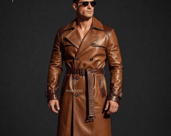Men's Brown Cowhide Leather Trench Coat | Handmade Double Breasted Winter Coat